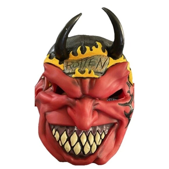 Y2K Latex Halloween Mask- Rotten Red Biker Devil W/Flames, Hat& Earring Oldstuff - Picture 1 of 7